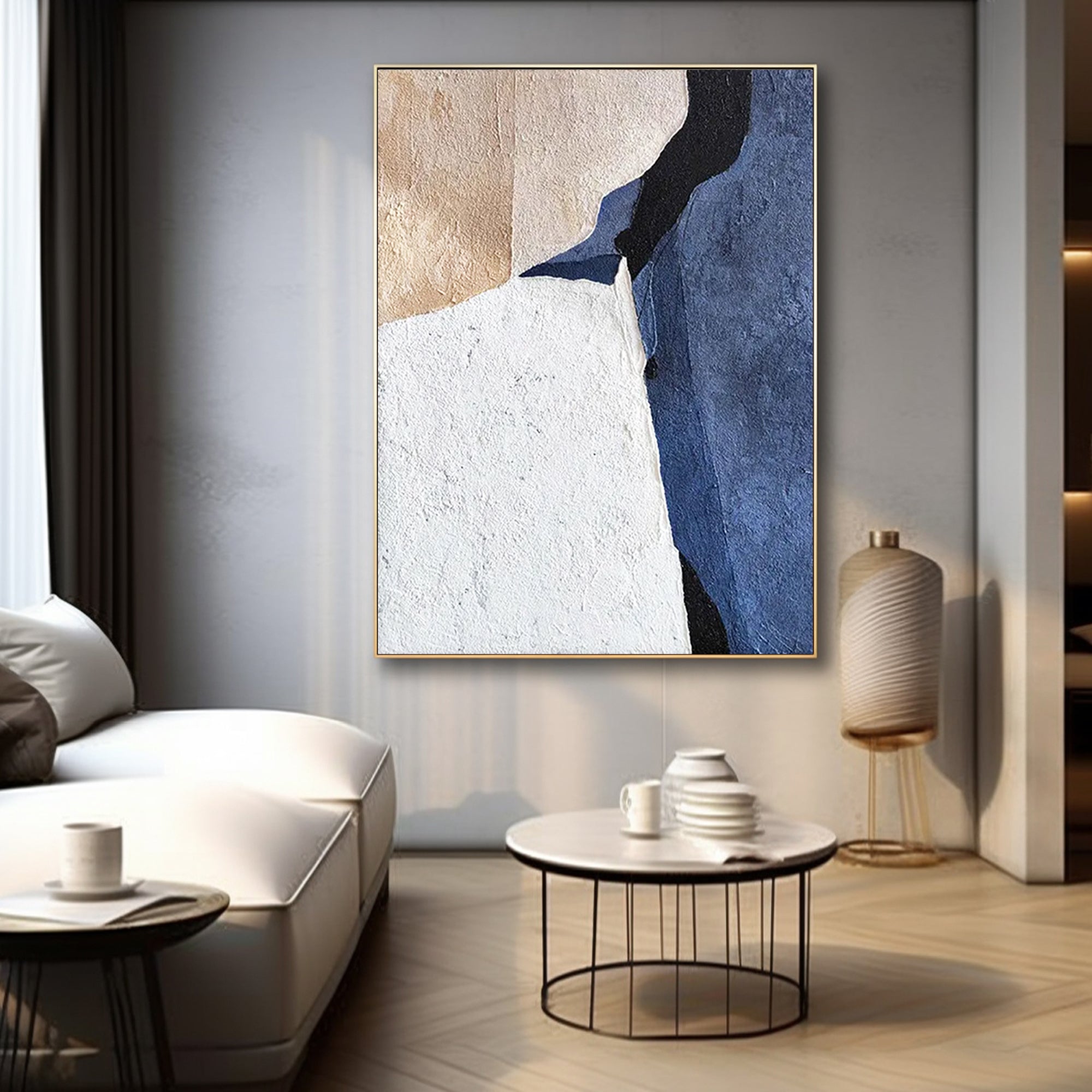 Abstract art #AB018 with beige, white, and blue color blocks.