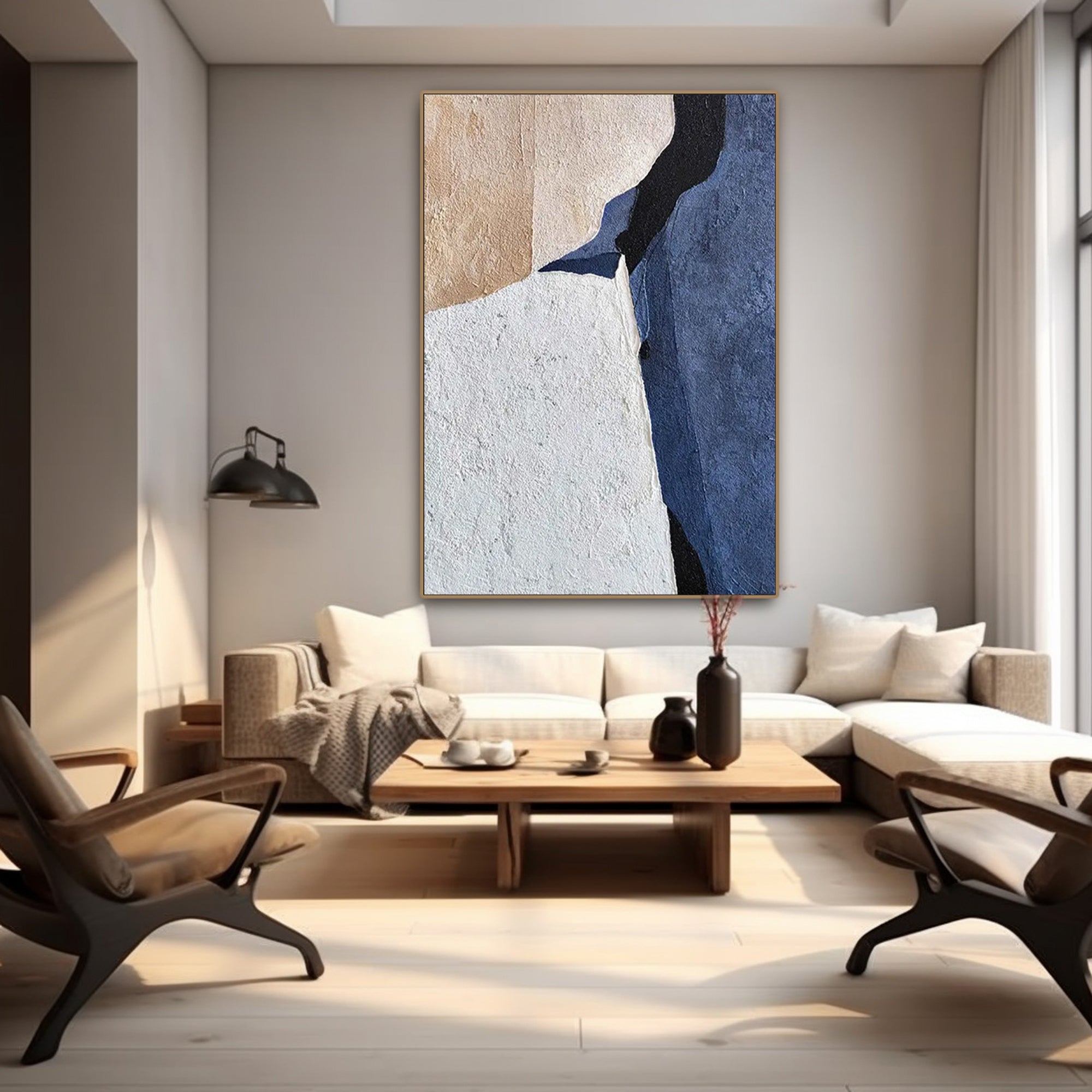 Abstract art #AB018 above a sofa in a modern living room.