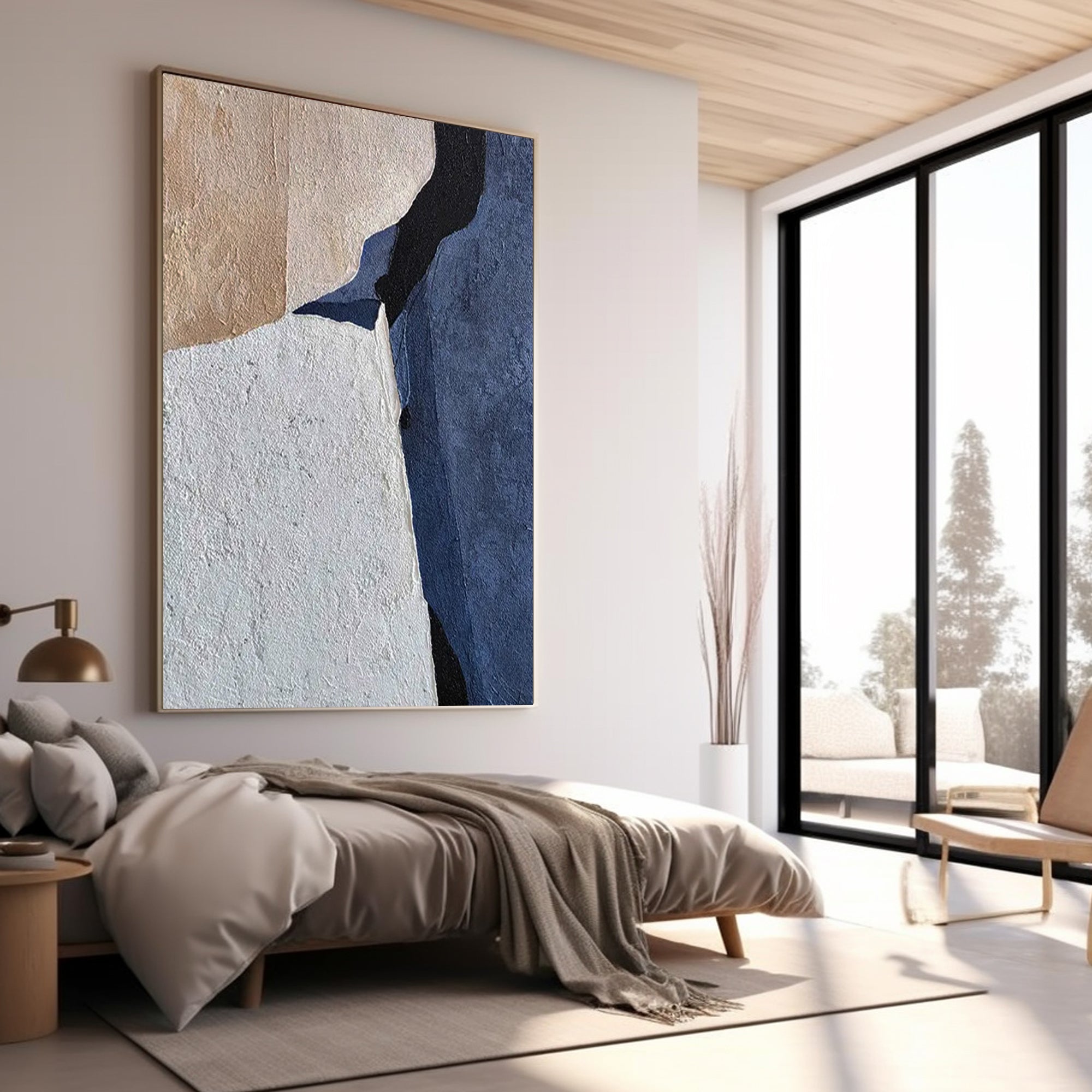 Minimalist abstract art #AB018 in a modern bedroom setting.