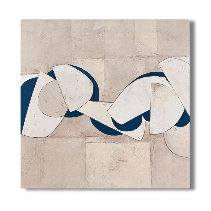 Minimalist beige abstract art with geometric shapes and blue accents.