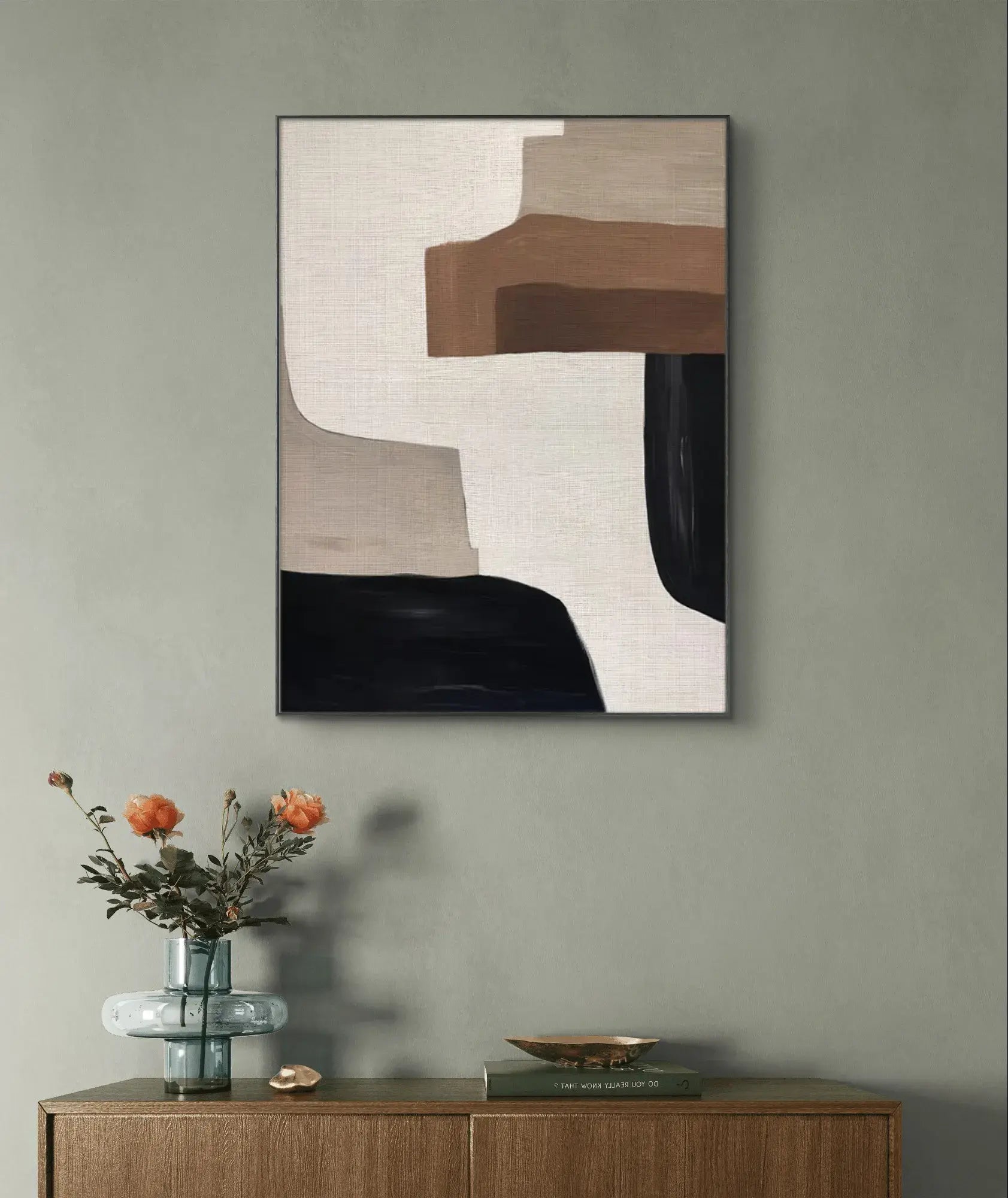 Minimalist abstract geometric art in beige, brown, and black for modern decor.