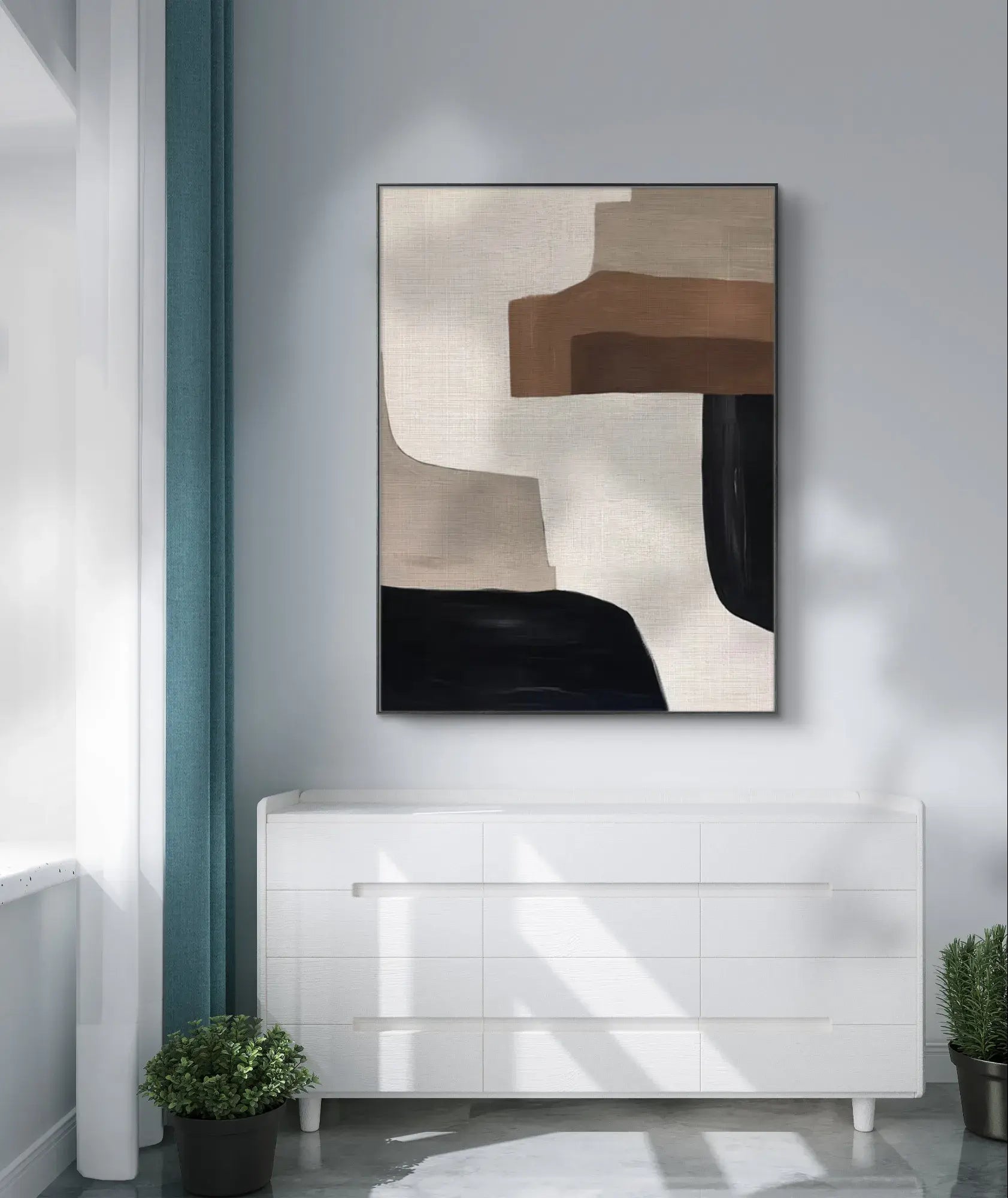 Minimalist abstract geometric art in beige, brown, and black for modern decor.