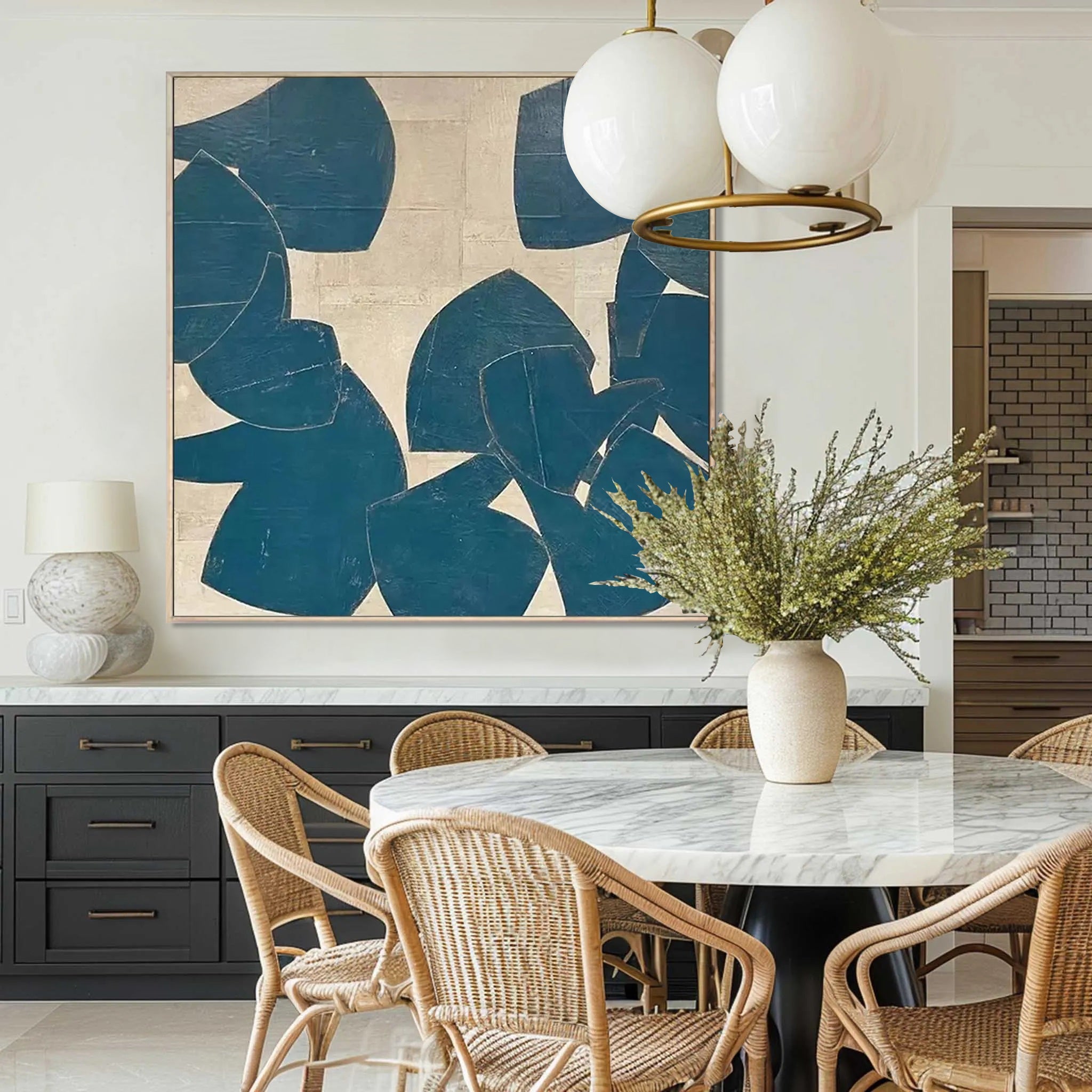Framed minimalist abstract art in a living room setting.