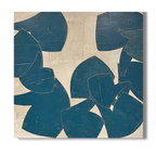 Minimalist abstract art featuring teal shapes on a beige background.