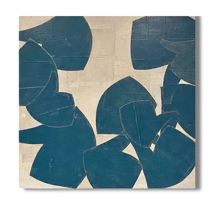 Minimalist abstract art featuring teal shapes on a beige background.
