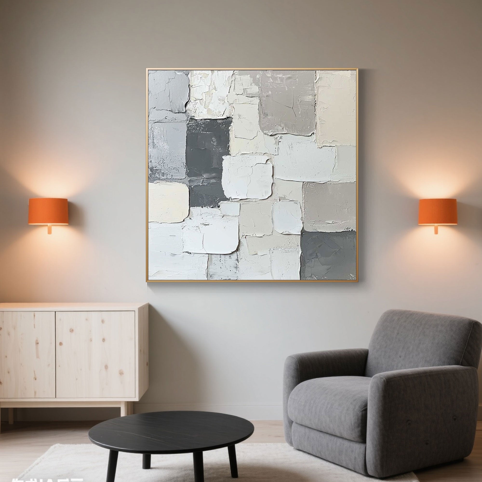 Minimalist abstract canvas art with textured blocks in soft white, grey, and beige tones.