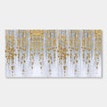 Minimalist abstract floral wall art with golden cascading botanical elements on a soft grey-white background.