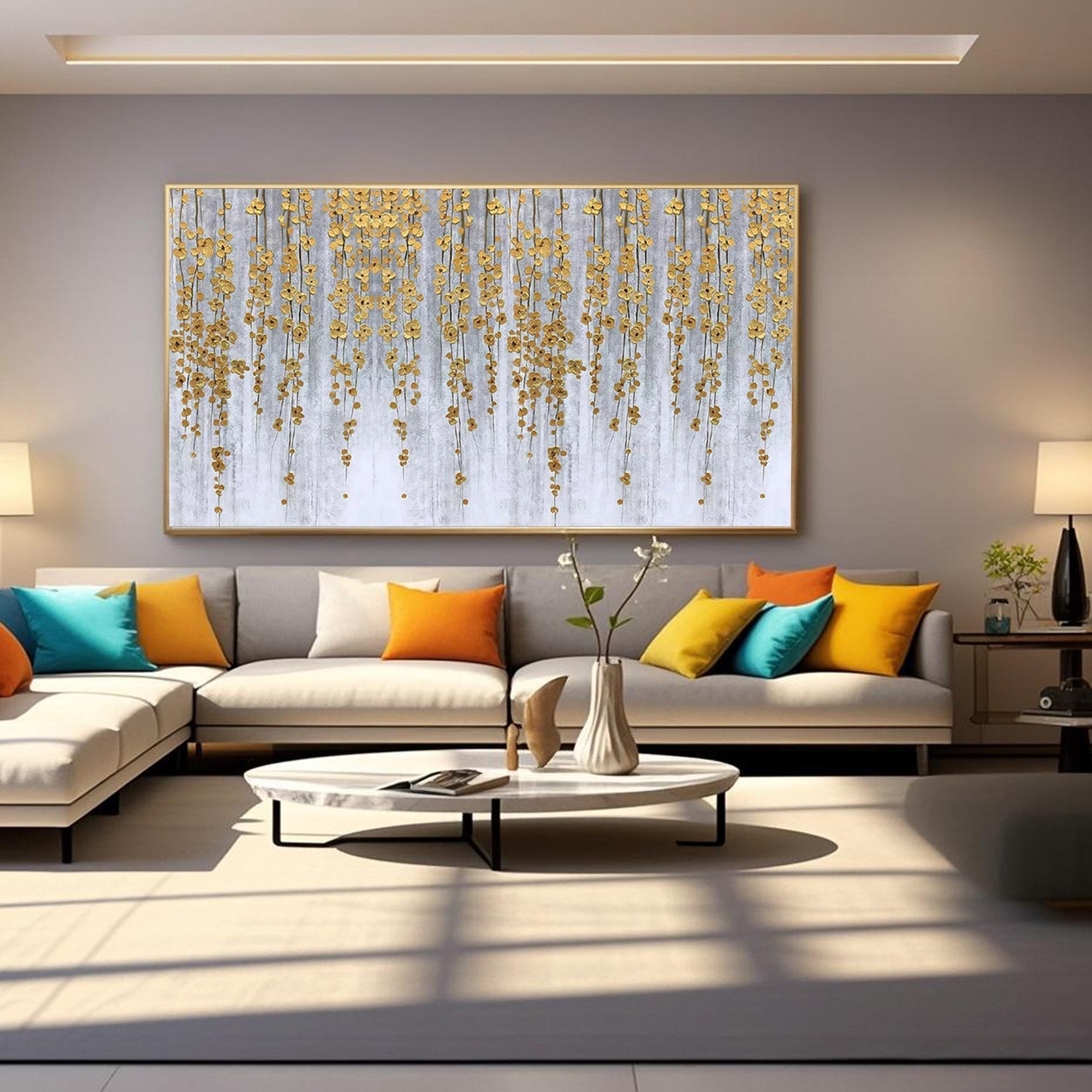 Minimalist abstract floral wall art with golden cascading botanical elements on a soft grey-white background.