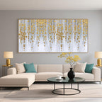 Minimalist abstract floral wall art with golden cascading botanical elements on a soft grey-white background.