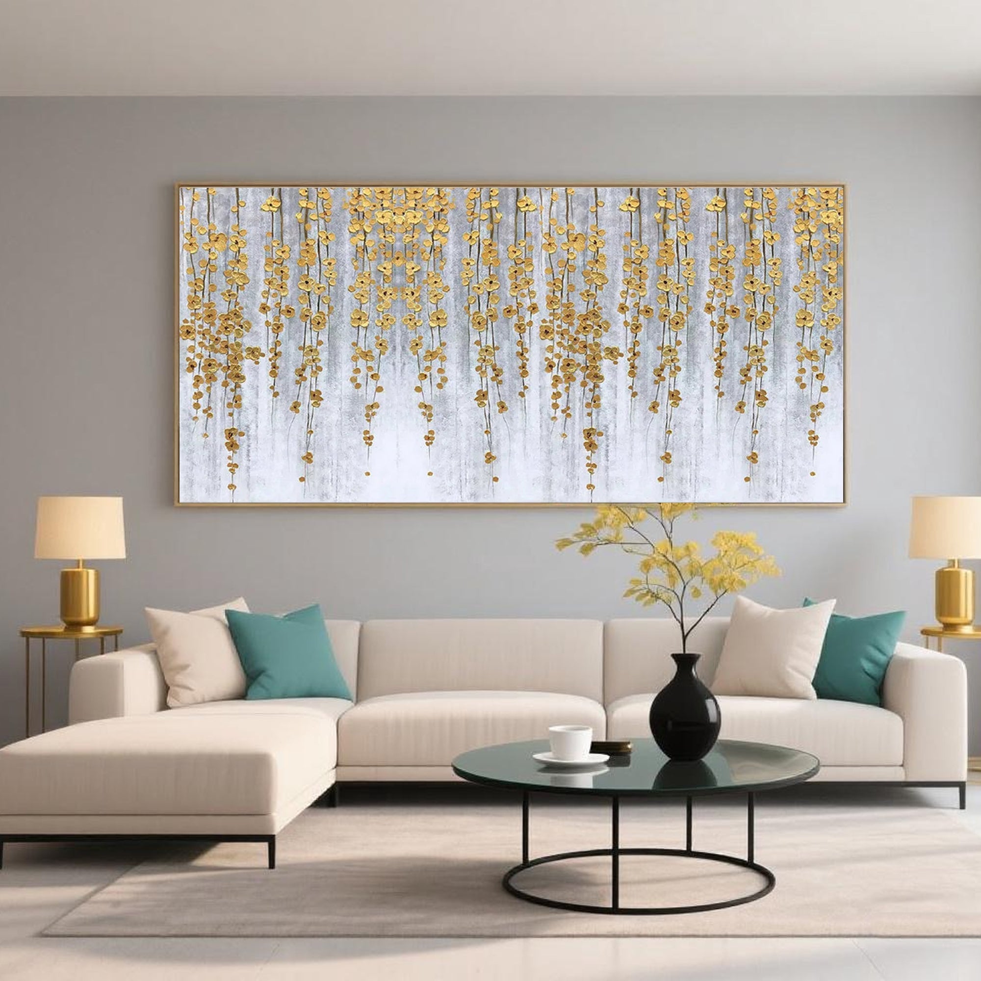 Minimalist abstract floral wall art with golden cascading botanical elements on a soft grey-white background.