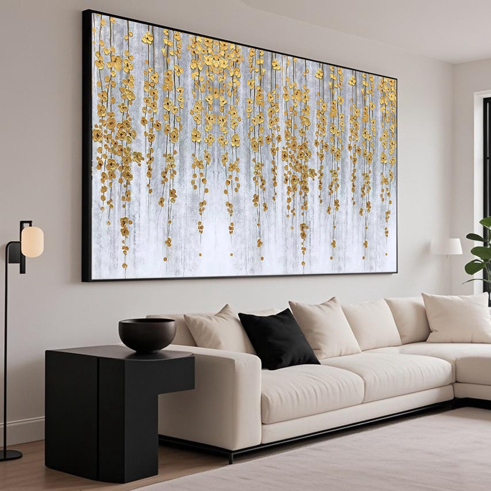 Golden Cascade floral art in a modern living room interior above a white sofa.