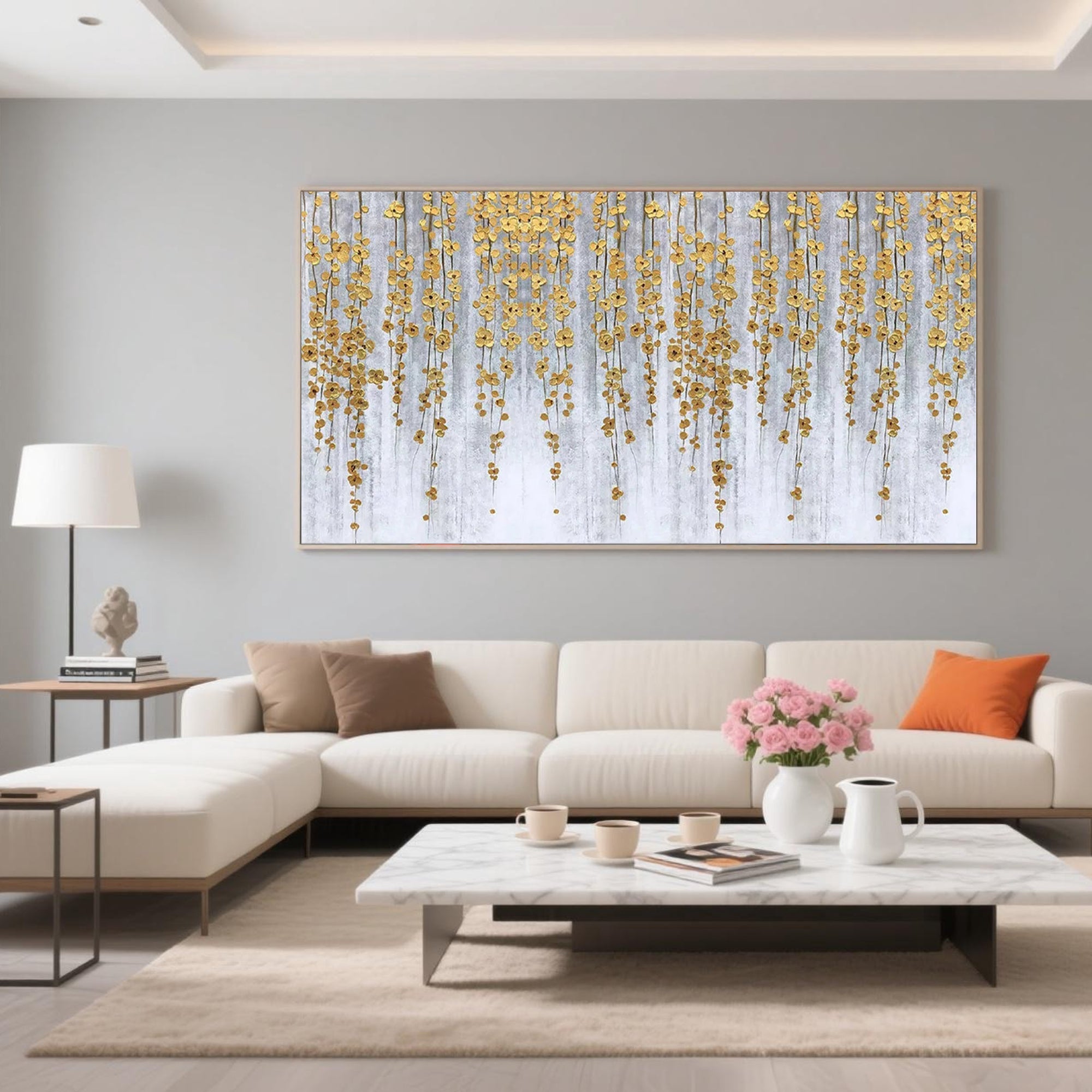Minimalist abstract floral wall art with golden cascading botanical elements on a soft grey-white background.