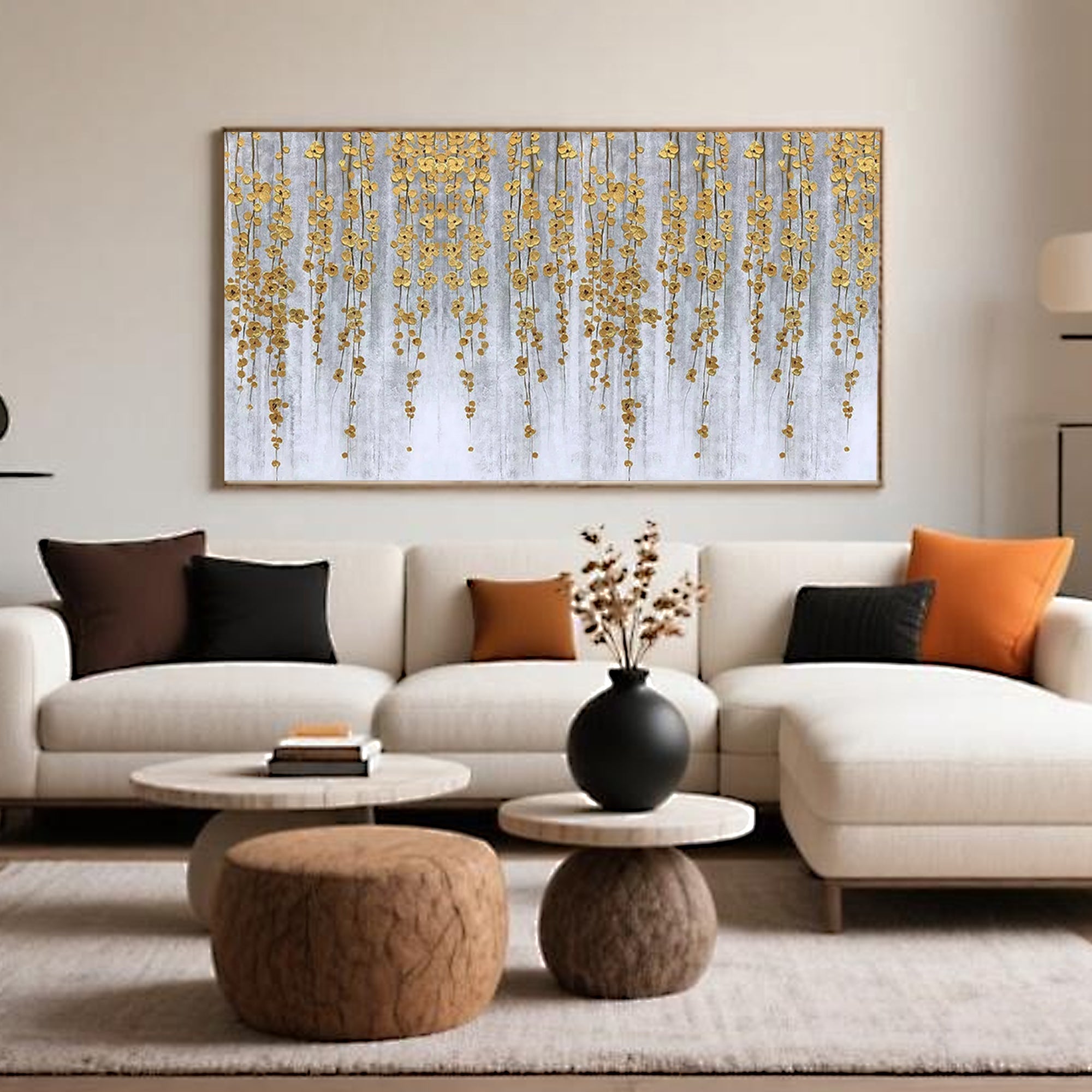 Minimalist abstract floral wall art with golden cascading botanical elements on a soft grey-white background.