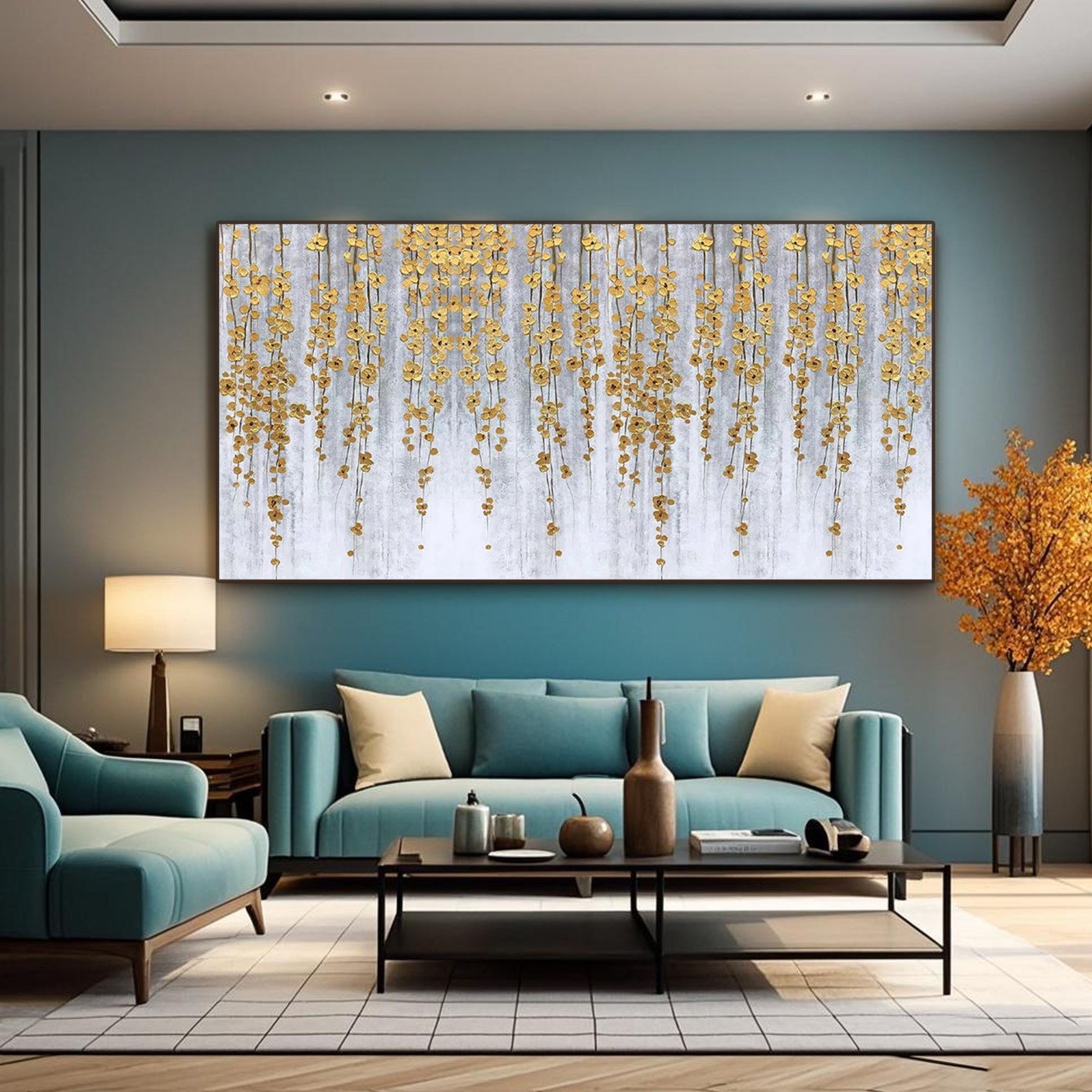 Minimalist abstract floral wall art with golden cascading botanical elements on a soft grey-white background.
