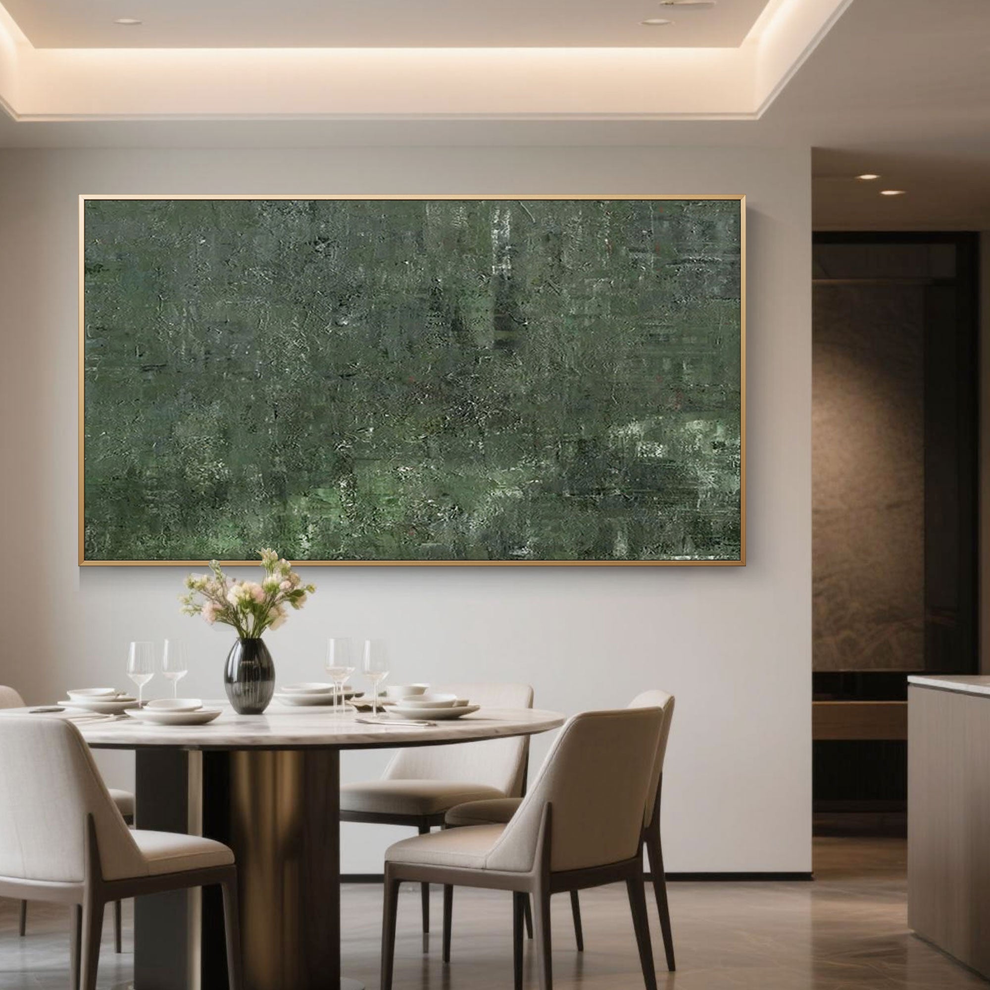 Mossfield green abstract painting with a gold frame in a modern dining room setting.