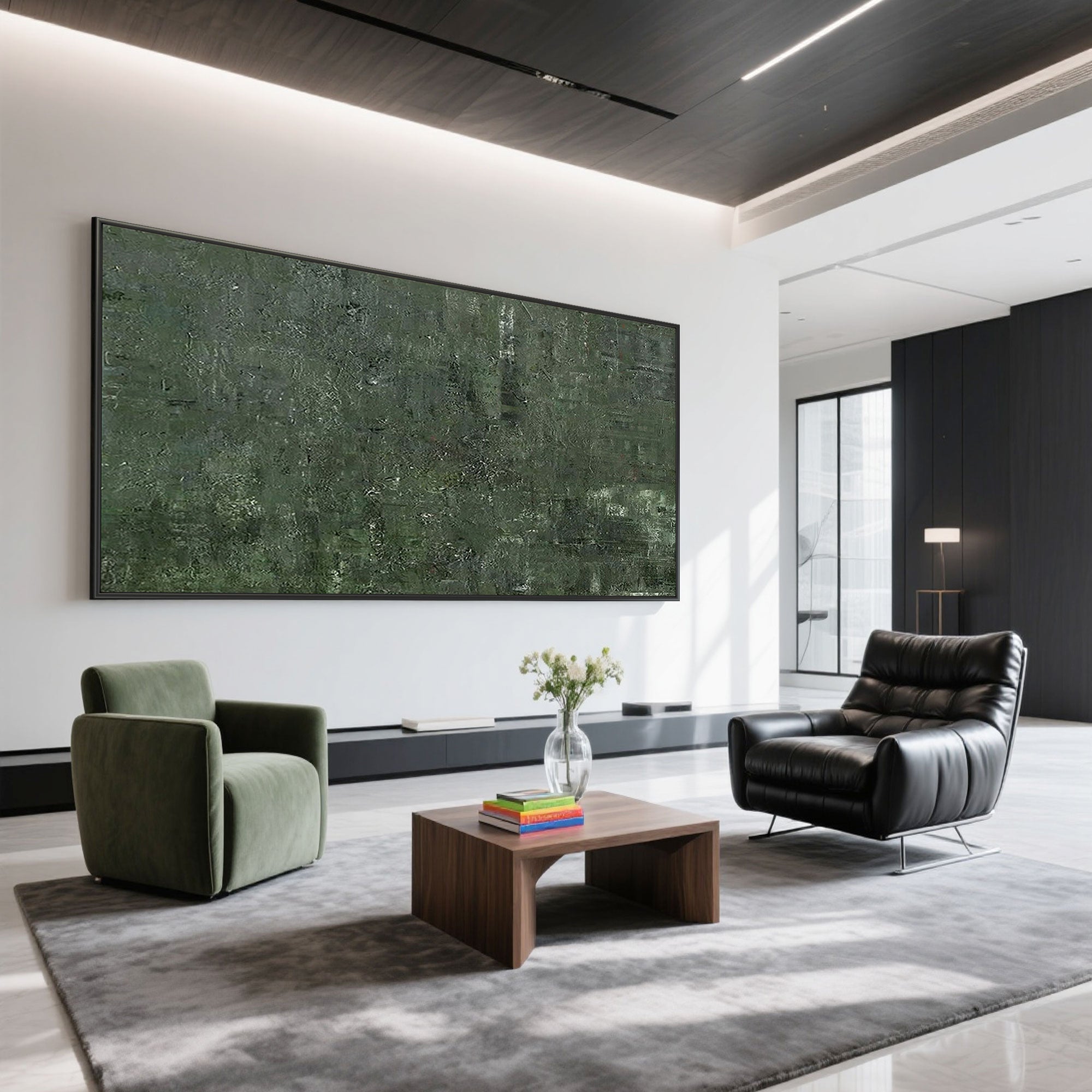 Minimalist Mossfield green painting in a modern living room with armchairs.