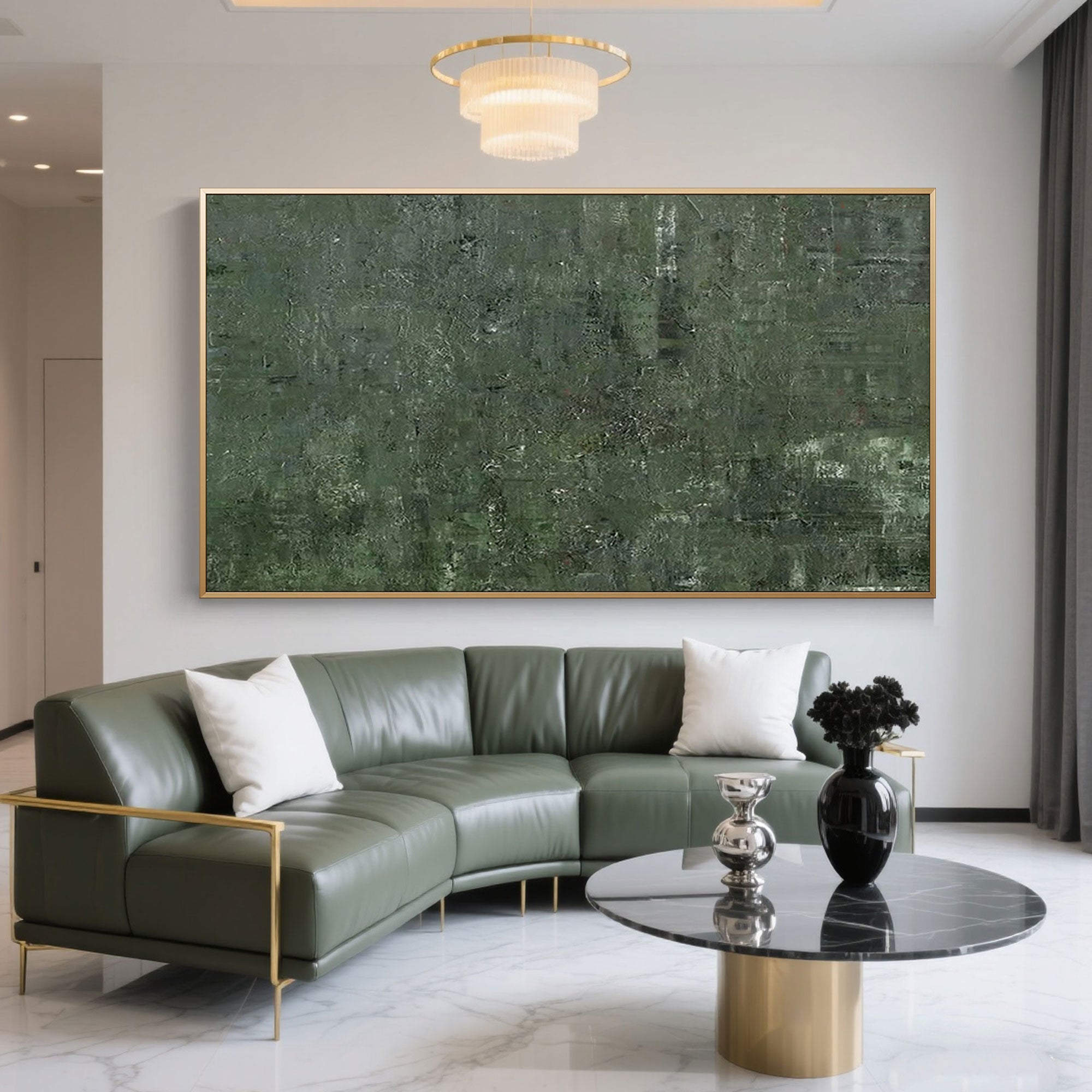 Green abstract 'Mossfield' painting above a green sofa in a modern living room.
