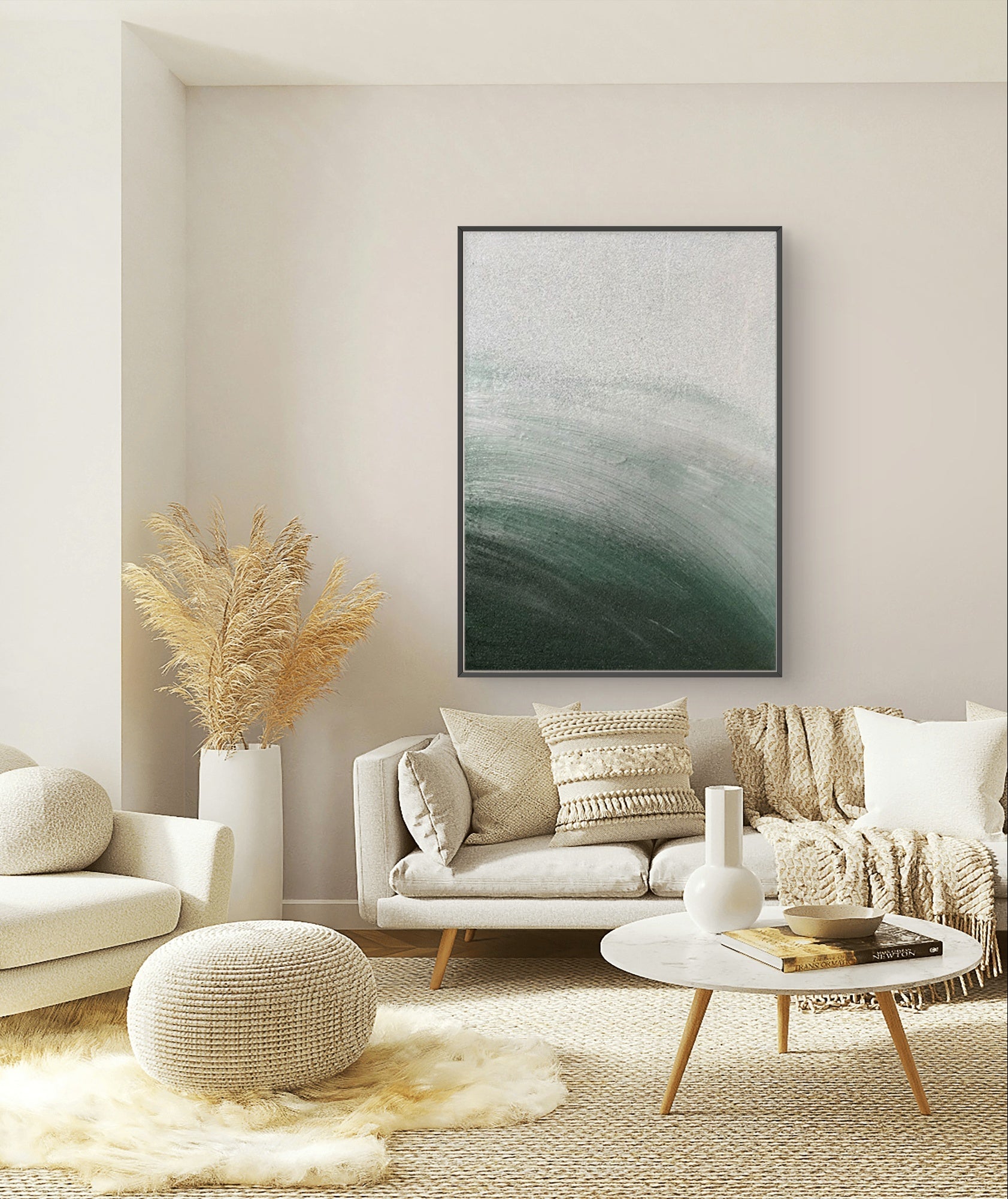 Abstract canvas art above sofa in modern living room.
