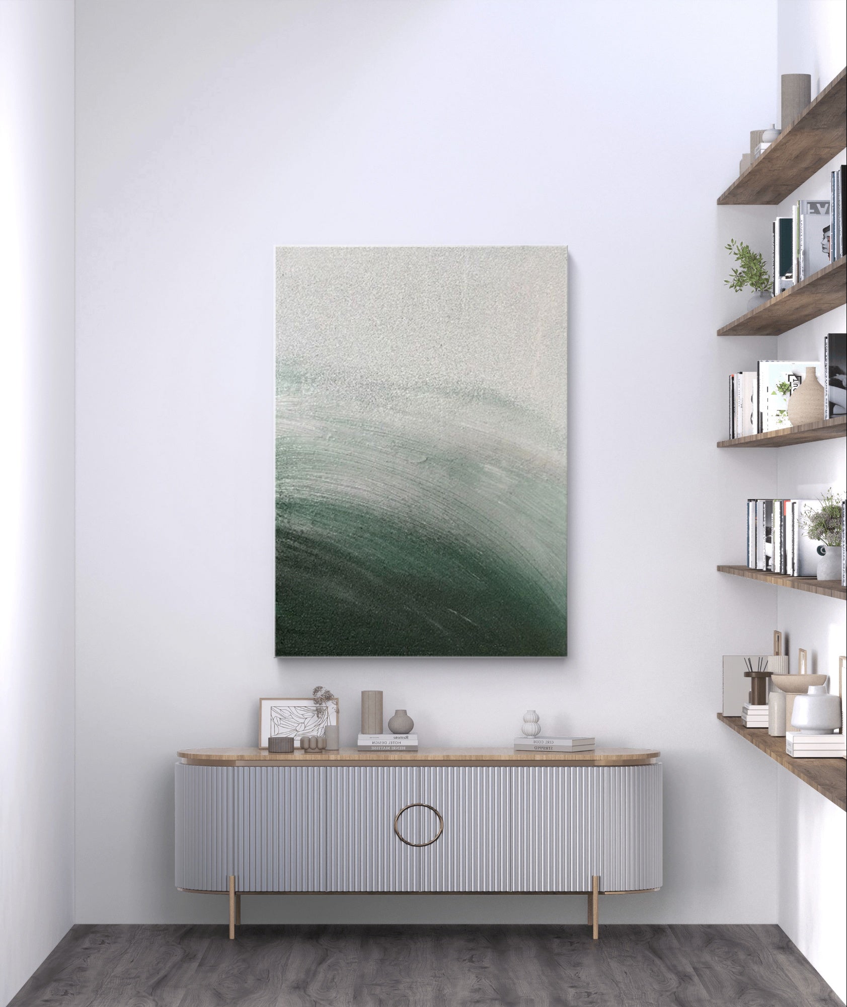 Abstract art above a sideboard in a modern interior.