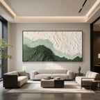 Echo of Moss 3D textured green painting in a modern living room setting.