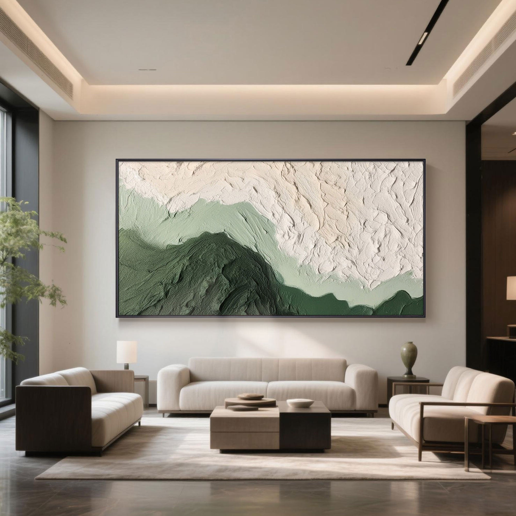 Echo of Moss 3D textured green painting in a modern living room setting.
