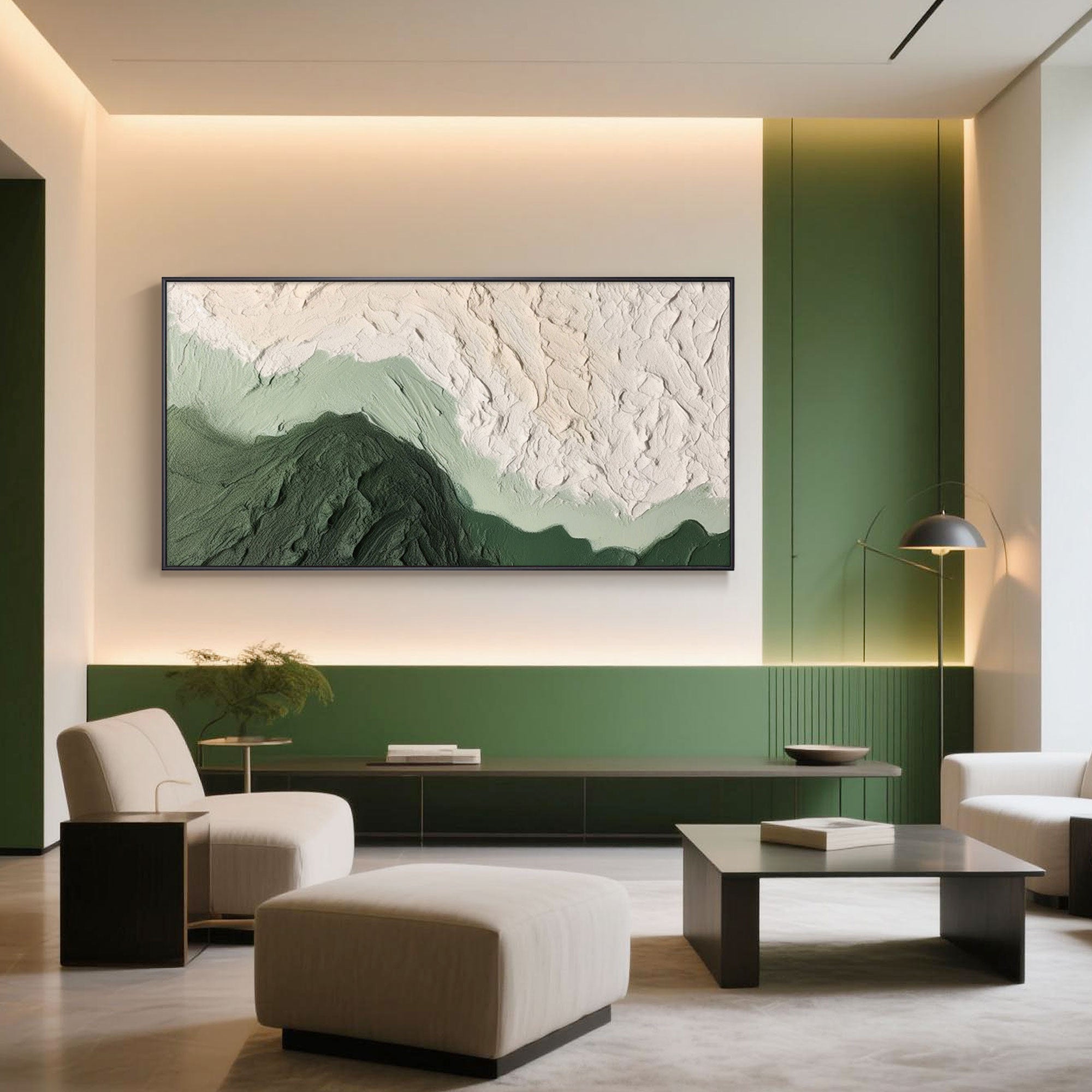 Modern living room with 'Echo of Moss' 3D textured green painting above console.