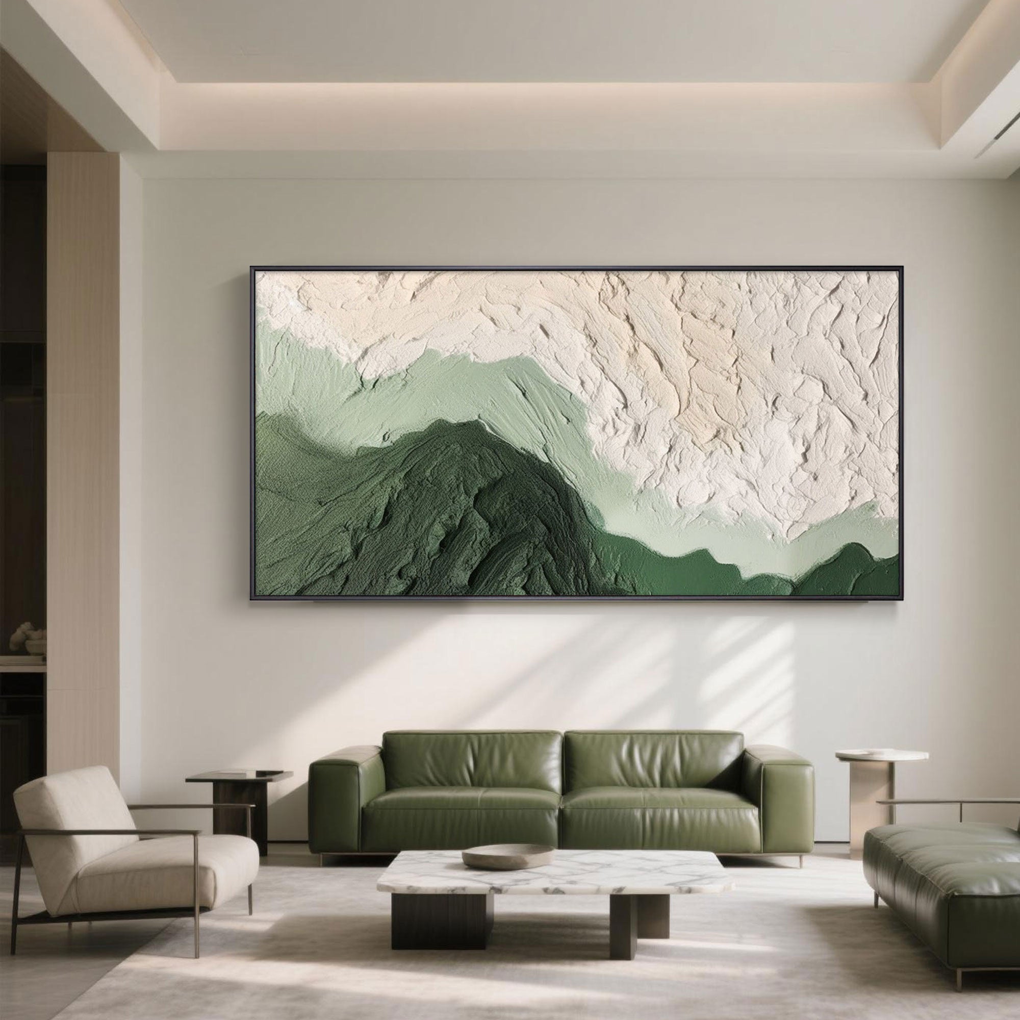 3D Textured 'Echo of Moss' green painting above a green leather sofa.