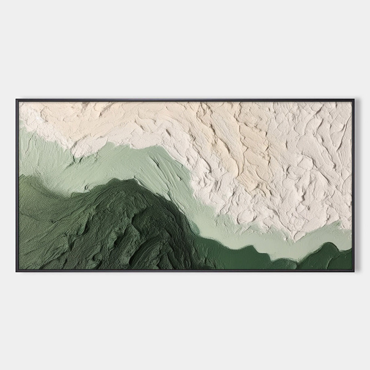 Framed 3D textured green abstract painting, Echo of Moss, close-up view.
