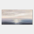 Minimalist abstract seascape sunrise painting with soft blush and misty blue tones.