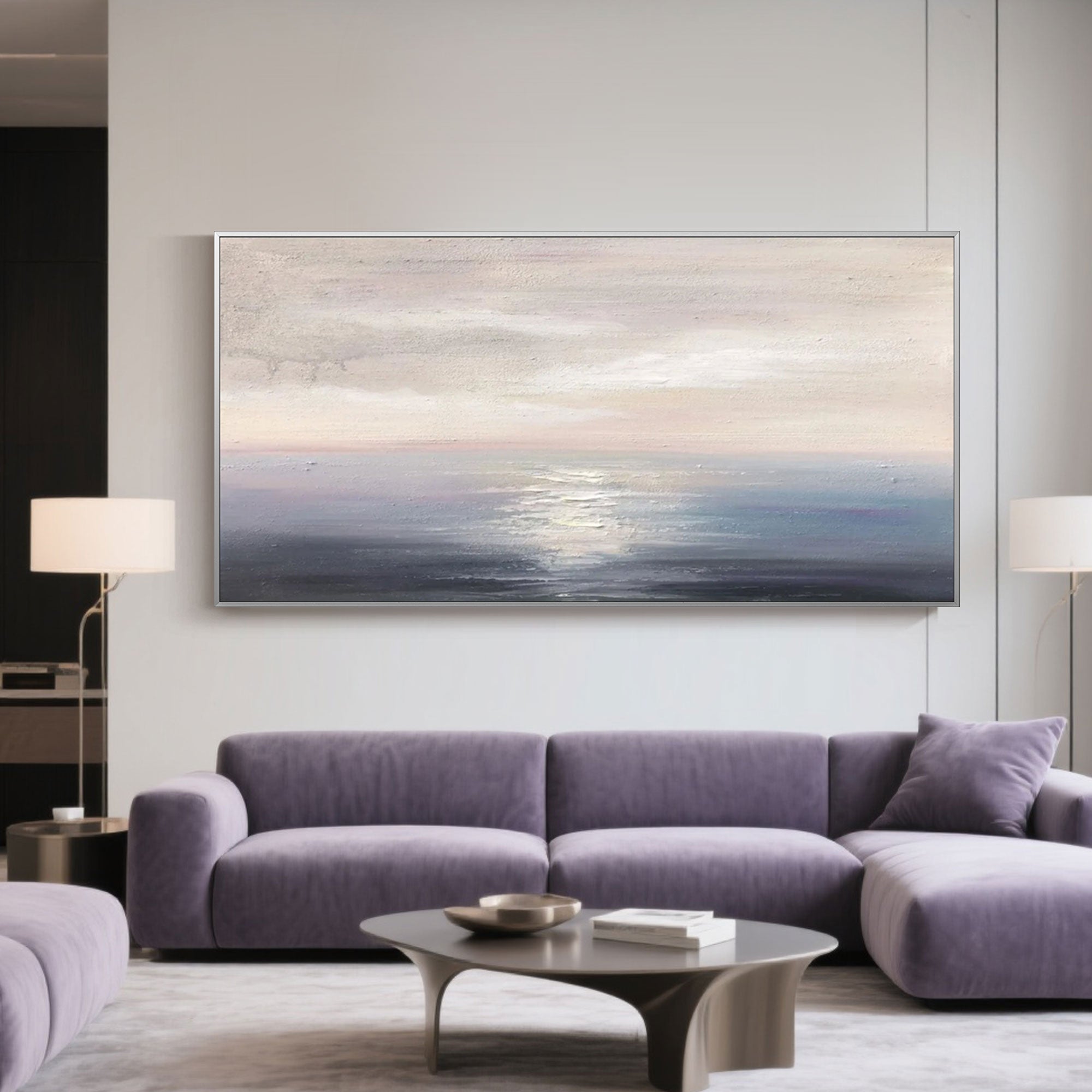 Minimalist abstract seascape artwork with gentle horizon and subtle texture.
