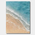 Minimalist 3D ocean art featuring textured blue sea and beige sand.
