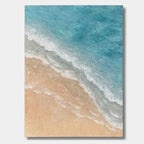Minimalist 3D ocean art featuring textured blue sea and beige sand.