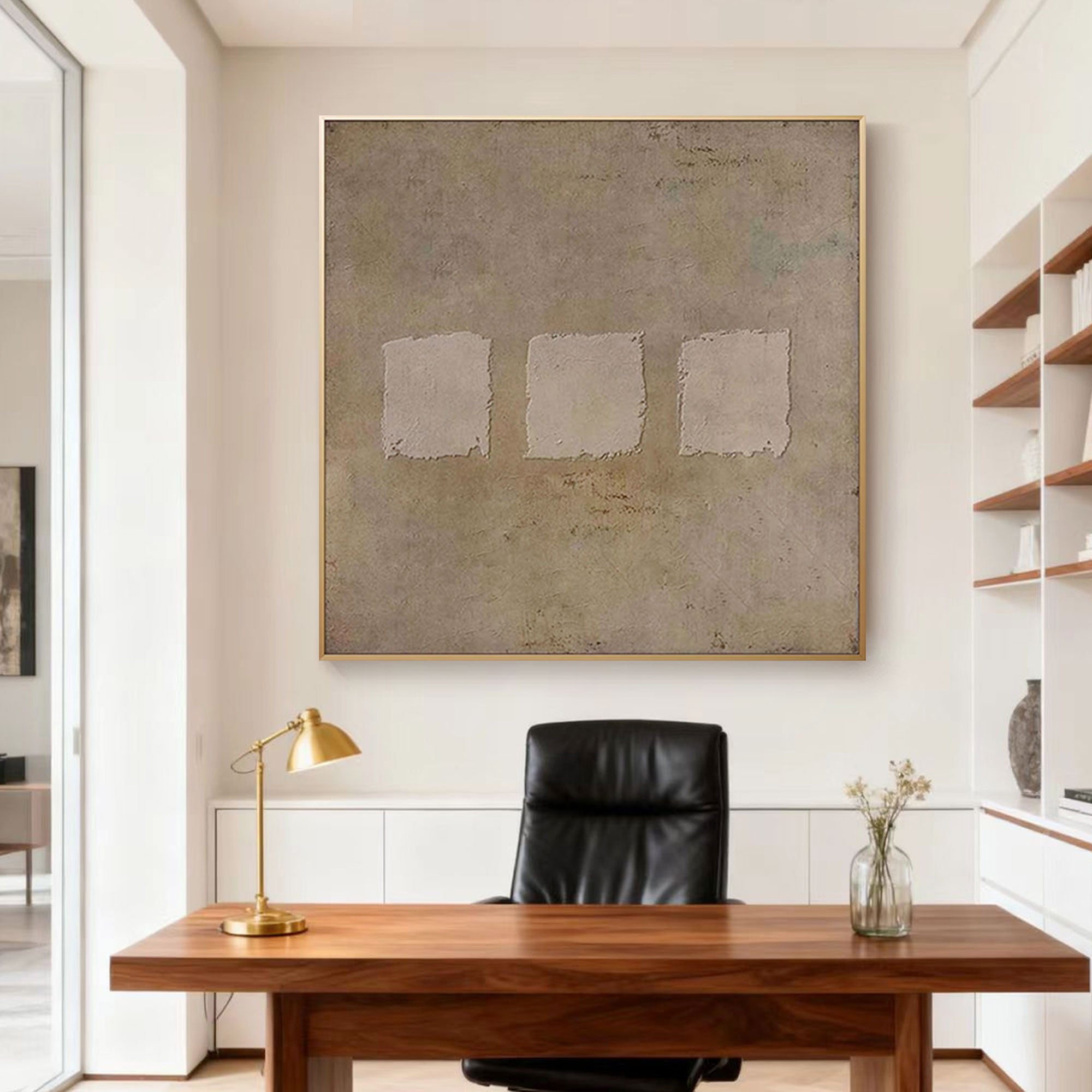Wabi-Sabi Geometric Wall Art - Earthen Sequence II, hand-painted abstract with earth tones, three squares, framed canvas in modern office