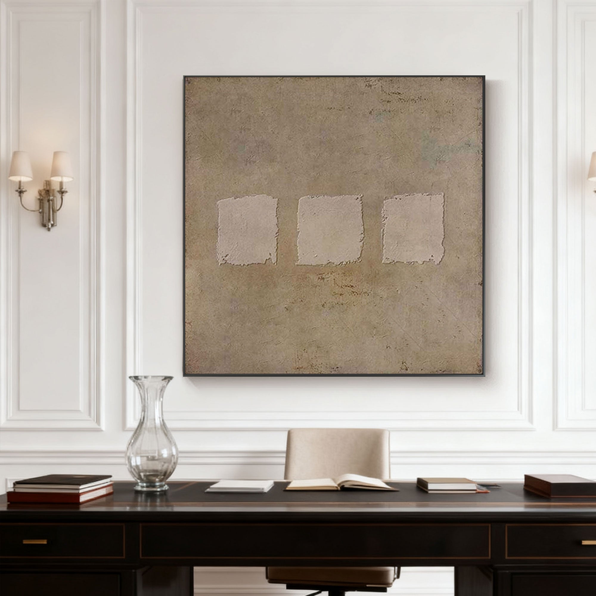 Lumi Gallery's Wabi-Sabi geometric canvas art with three textured squares over office desk