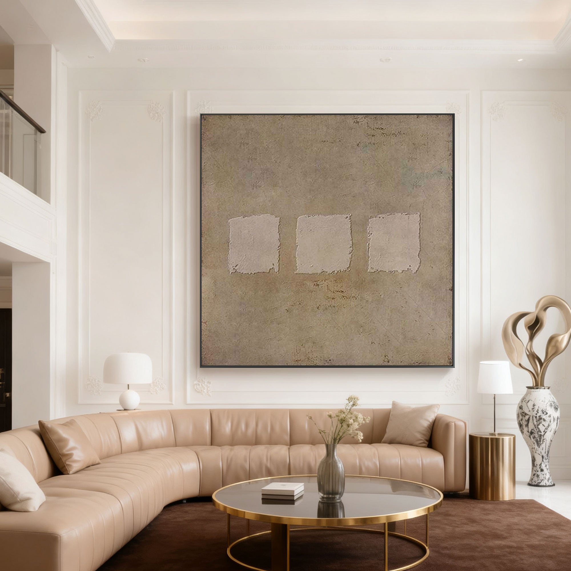 Lumi Gallery's Wabi-Sabi Geometric Wall Art - Earthen Sequence II, hand-painted canvas with earthy tones in living room
