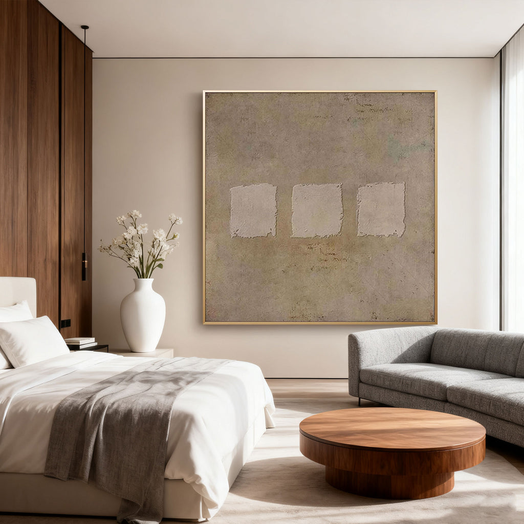 Hand-painted earthen geometric wall art with three rectangular patches, modern bedroom
