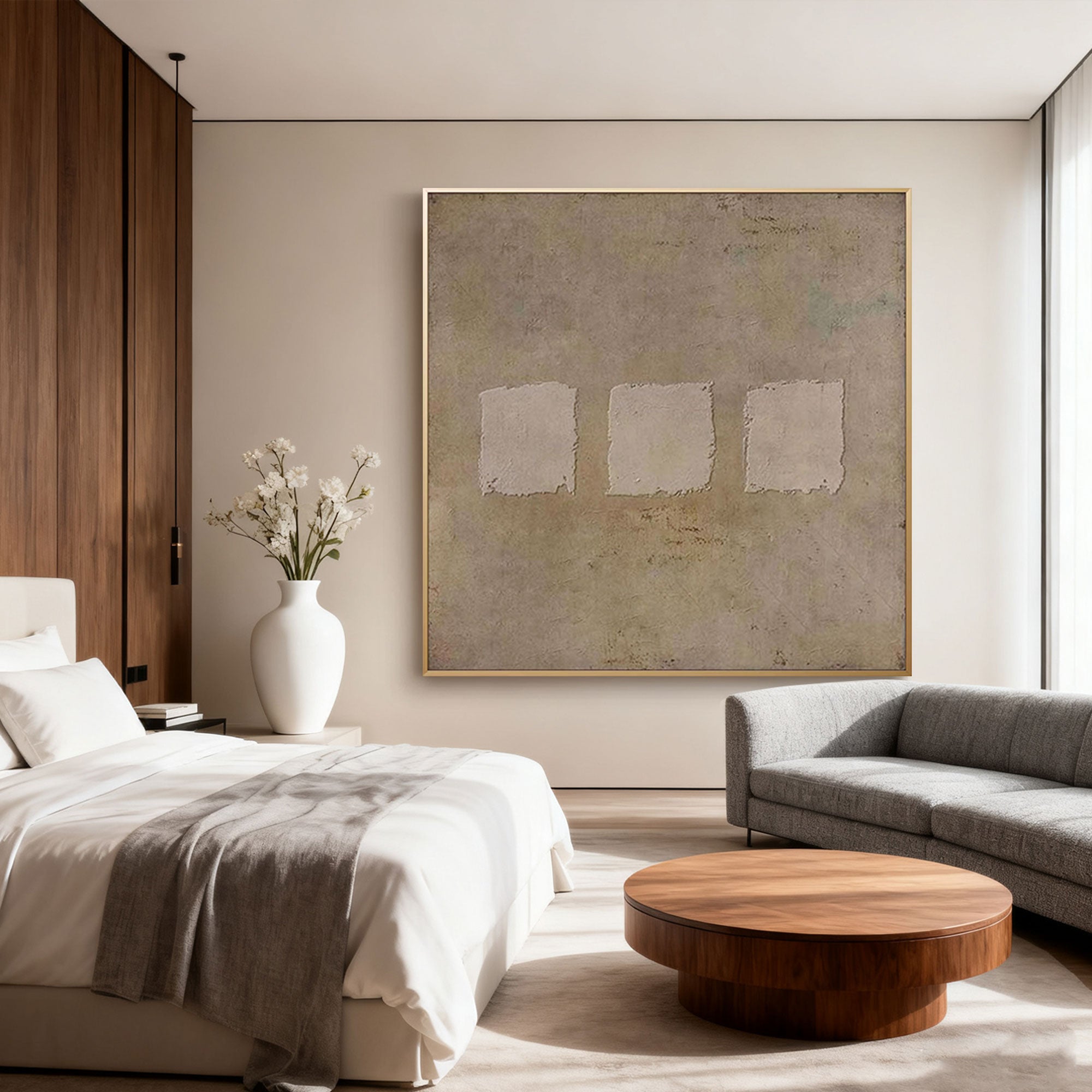 Hand-painted earthen geometric wall art with three rectangular patches, modern bedroom
