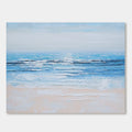 Minimalist coastal painting, Silent Shore, featuring a blue and white seascape with textured acrylic.