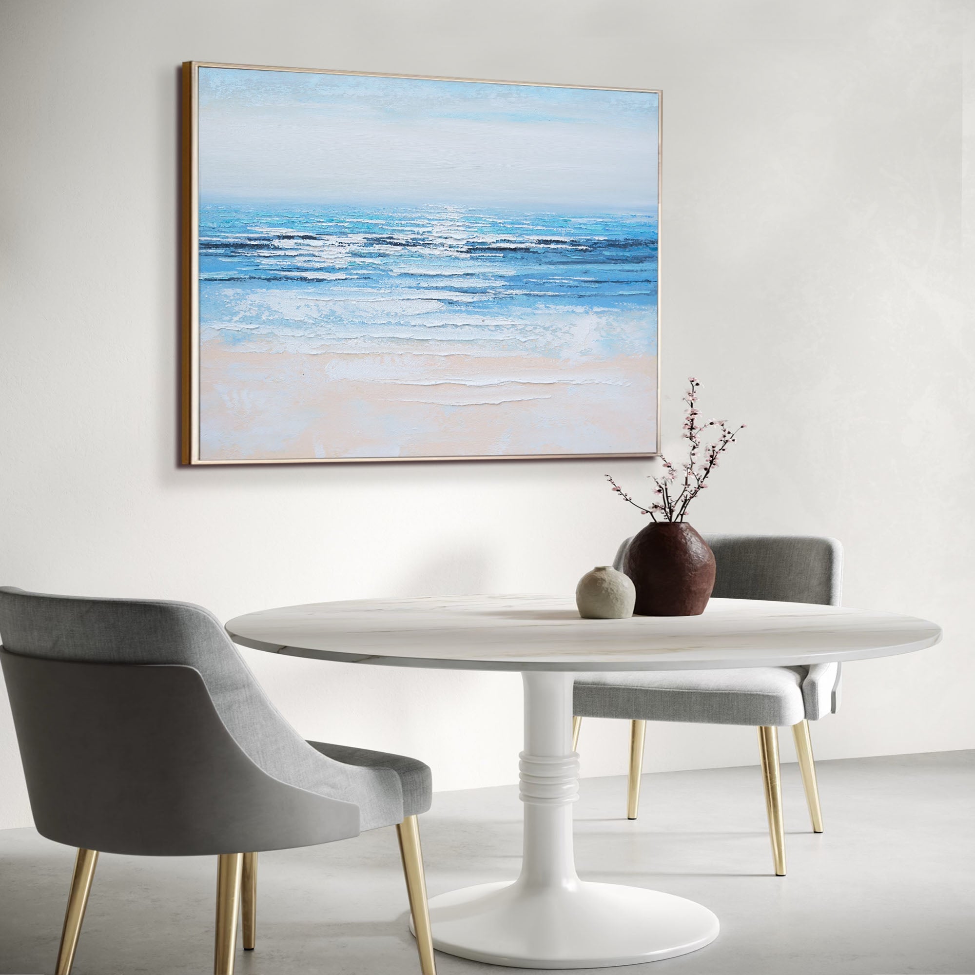 Silent Shore minimalist art hanging above a dining table, coastal decor.