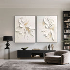 Modern room with black shelving, chair, and minimalist floral canvas art.