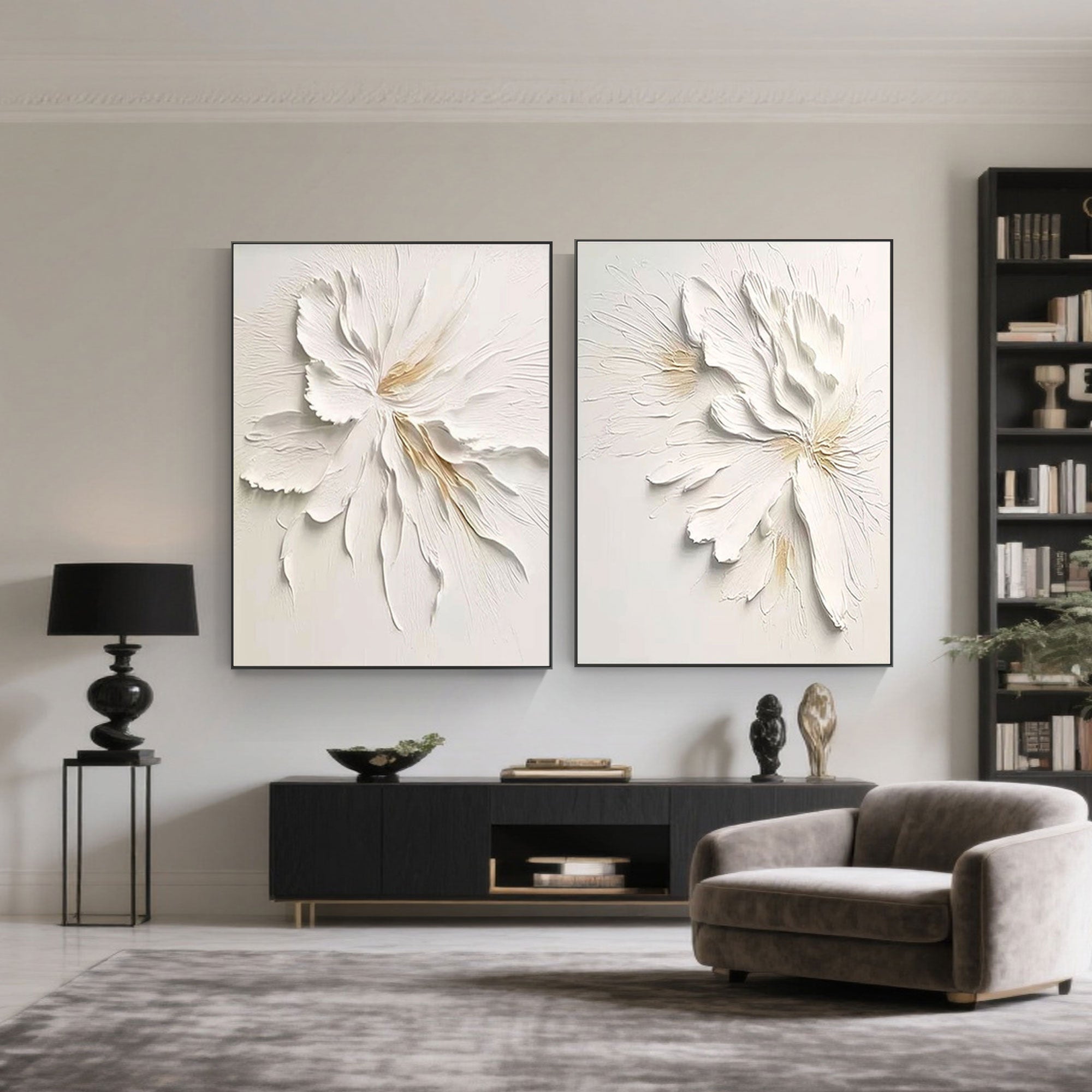 Modern room with black shelving, chair, and minimalist floral canvas art.