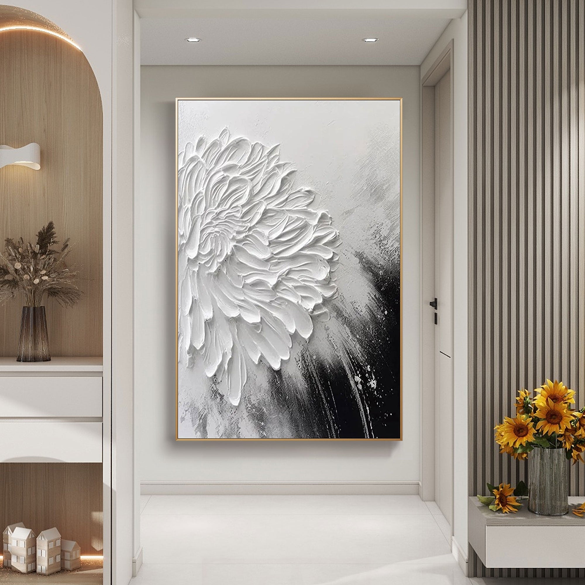 Minimalist flower canvas art in a hallway with a gold frame, modern decor.