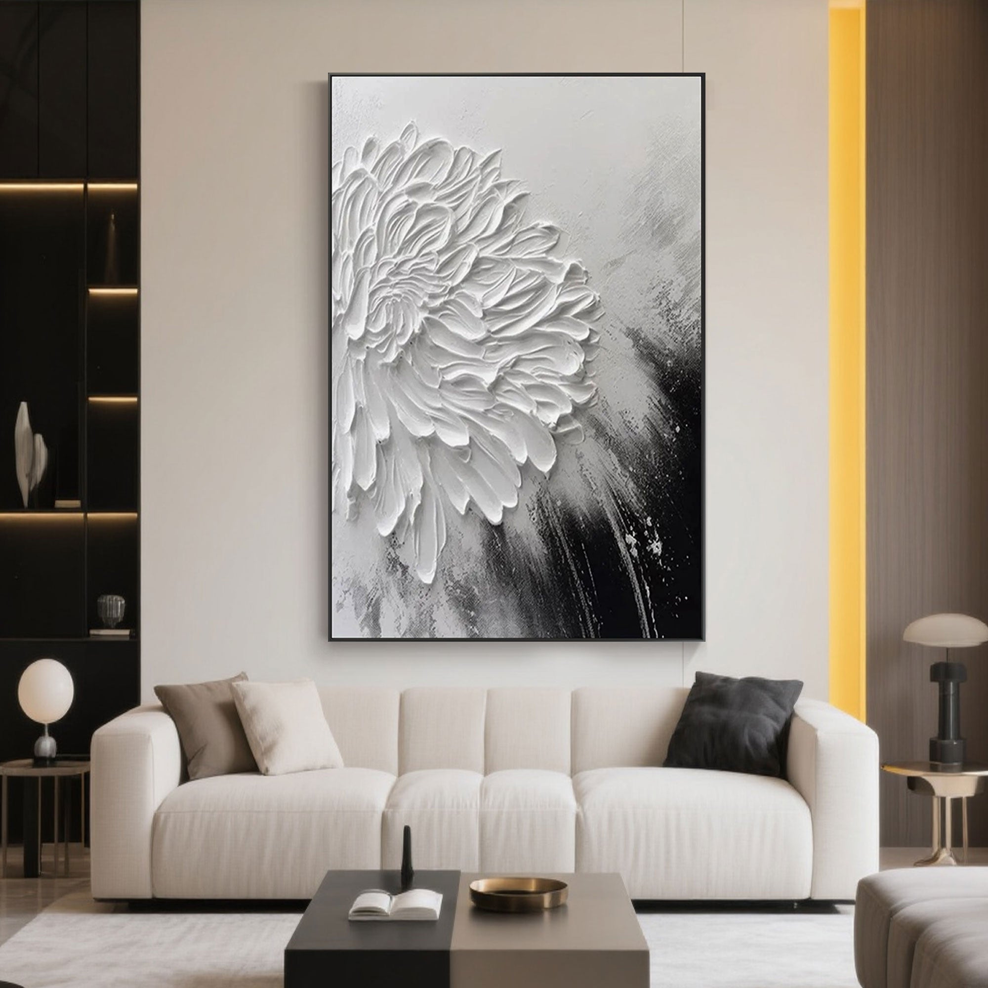 Close-up of the intricate, hand-painted texture of the minimalist flower art.