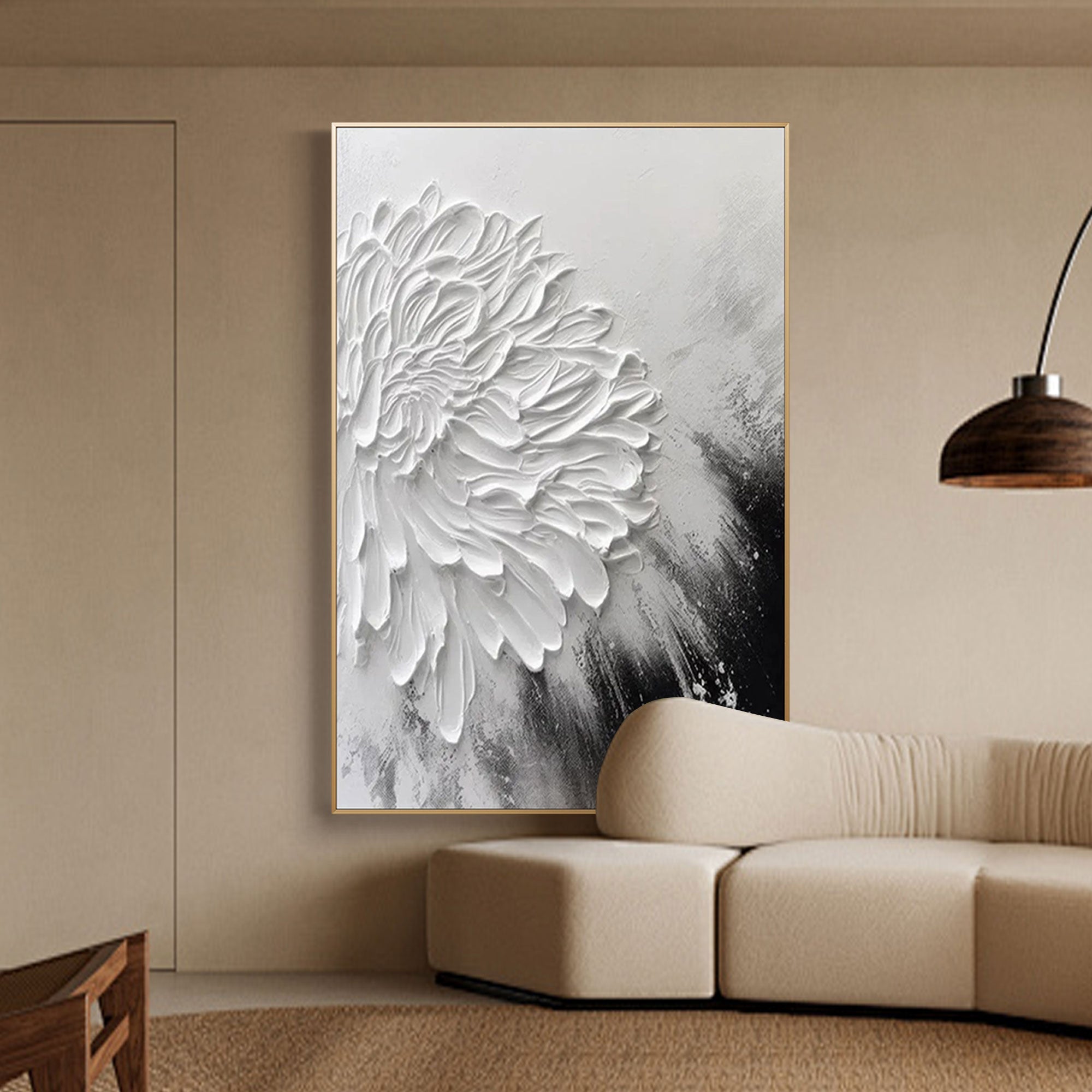 Close-up of the intricate, hand-painted texture of the minimalist flower art.