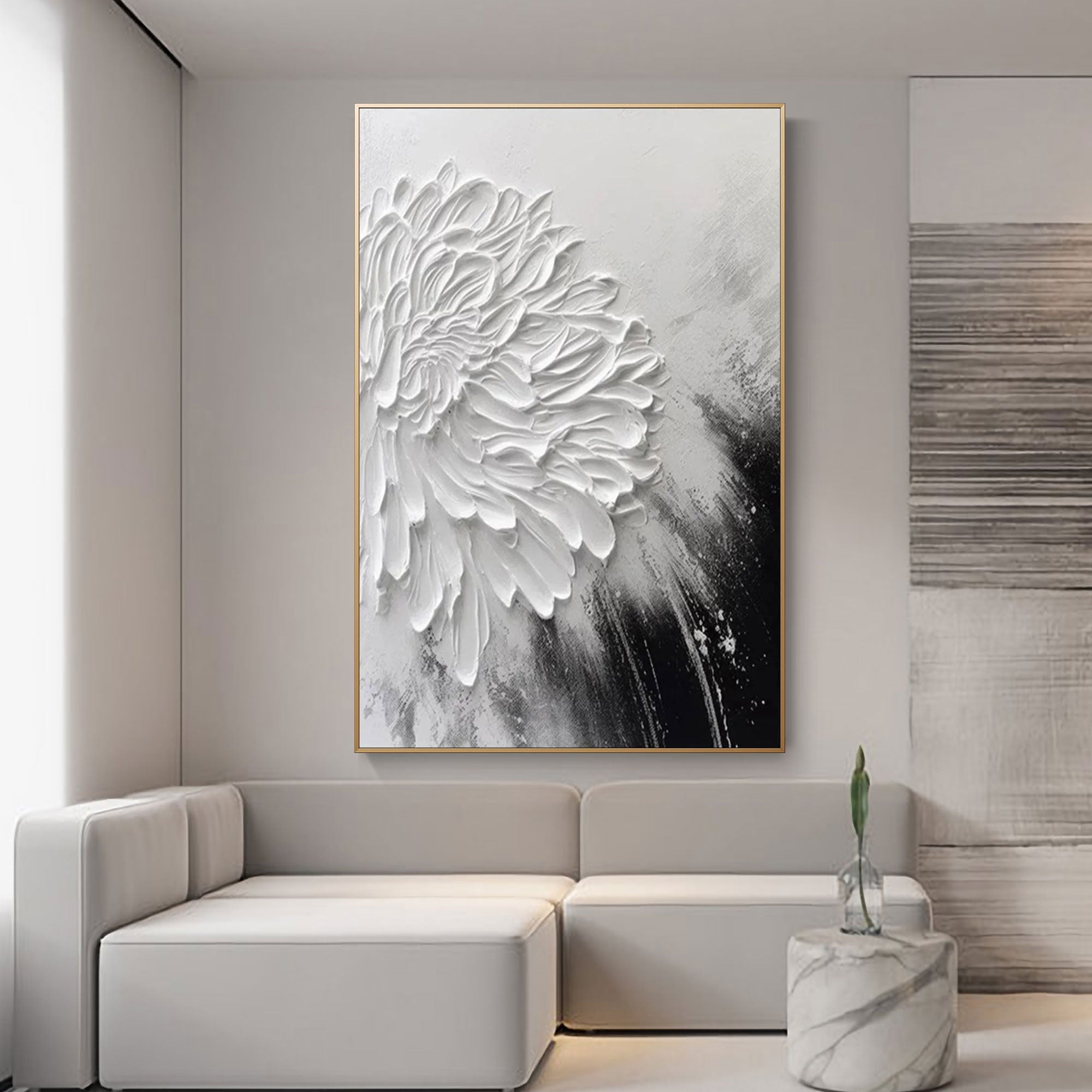 Close-up of the intricate, hand-painted texture of the minimalist flower art.