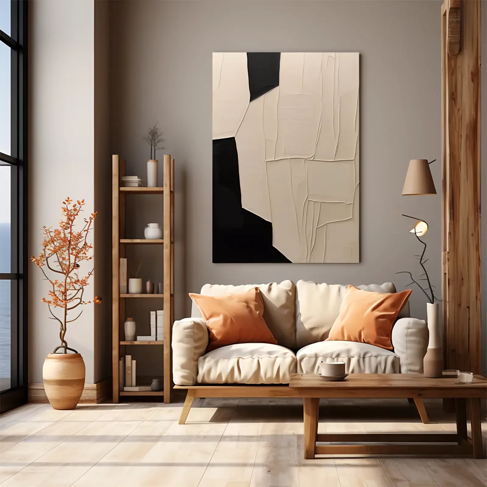 Minimalist abstract geometric art in beige, brown, and black for modern decor.