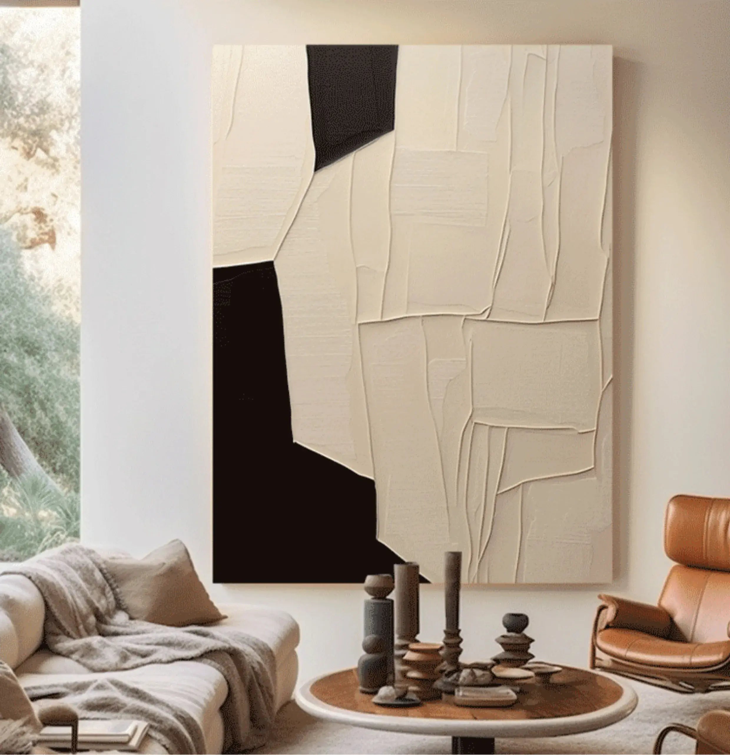 Minimalist abstract geometric art in beige, brown, and black for modern decor.
