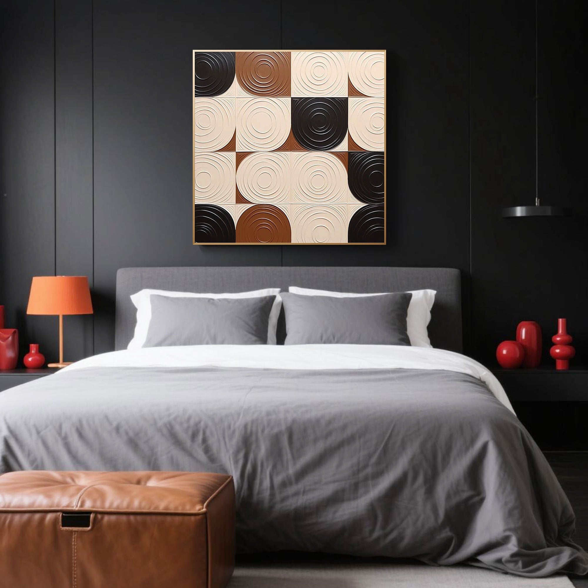Hand-painted modern abstract geometric wall art with 3D texture and elegant circular motifs in cream and brown hues, styled above a gray bed in a luxurious dark-toned bedroom, featuring museum-quality canvas and sustainable art practices for premium wall decor.