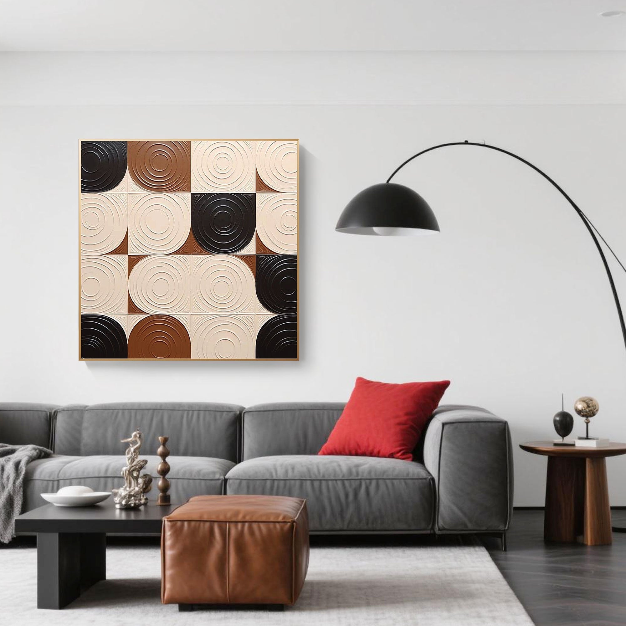 Contemporary geometric wall art featuring raised circular designs in neutral tones of cream, chocolate brown, and deep black, mounted above a gray sofa, styled for a sophisticated living room, created with museum-grade canvas and gallery-quality craftsmanship.
