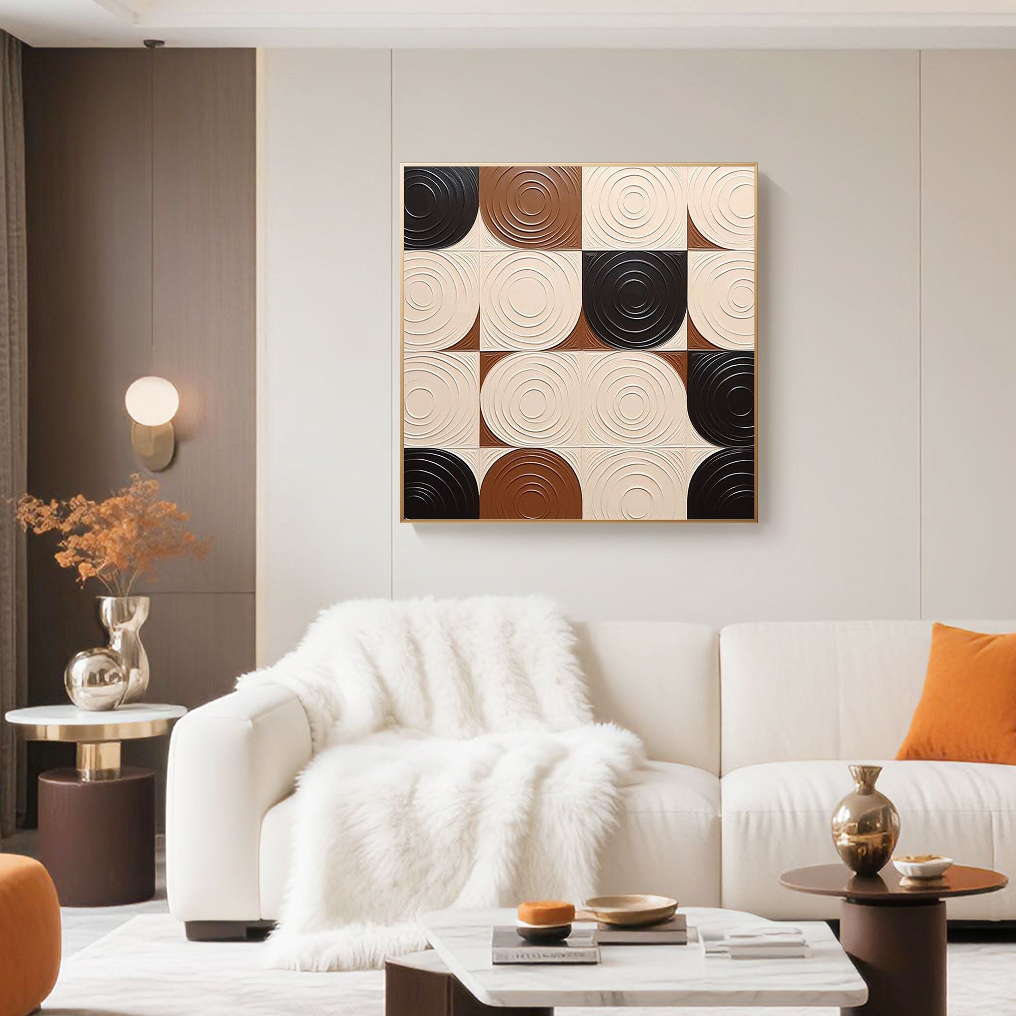 Mid-century modern inspired abstract 3D textured wall painting with cream, black, and warm brown concentric circles, beautifully showcased in a cozy neutral-toned living room, emphasizing eco-friendly hand-painted art and premium canvas for home decor.